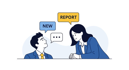 Illustration of two business people talking about a new report in a meeting.
