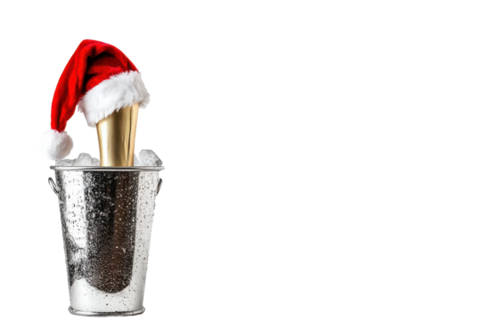 Champagne bottle and glass with santa hat in ice bucket isolated on transparent background. champagne with a red santa claus cap in an ice bucket isolated on white background.