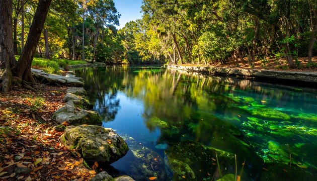 Lush, clear river flows through a vibrant forest. Sunlight dances on the water, revealing a rocky riverbed. Green foliage frames the scene