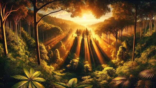 Lush forest panorama video as golden rays filter through tall trees, casting dappled light.
