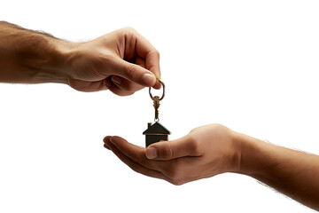 Real estate agent's hand giving house keys to a new homeowner. Isolated on transparent background, png