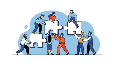Teamwork illustration: People assembling puzzle pieces together.