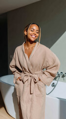 Woman enjoying self care moment in bathrobe receiving sunlight face