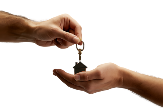 Real estate agent's hand giving house keys to a new homeowner. Isolated on transparent background, png