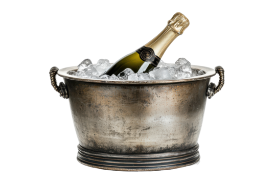 Hammered metal ice bucket with champagne bottle isolated on transparent background. Chilled champagne bottle resting in a bucket of ice isolated on white background.