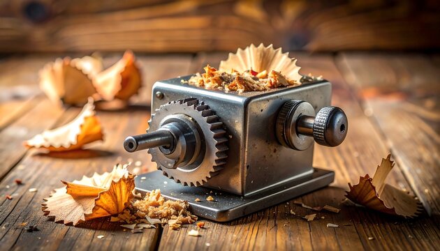 Close-up of a vintage hand-cranked pencil sharpener, filled with shavings, on a rustic wooden surface. The background is blurred
