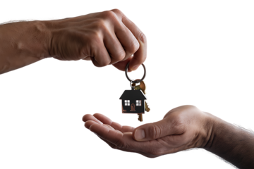 Real estate agent's hand giving house keys to a new homeowner. Isolated on transparent background, png