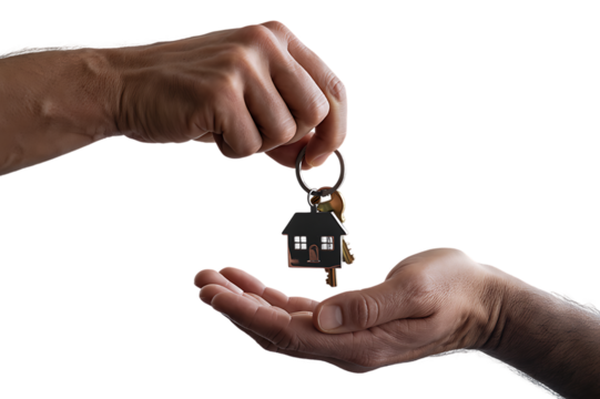 Real estate agent's hand giving house keys to a new homeowner. Isolated on transparent background, png