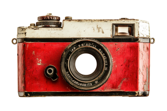 Vintage camera viewfinder with blank white screen isolated on transparent background. Classic polaroid camera isolated on white background.