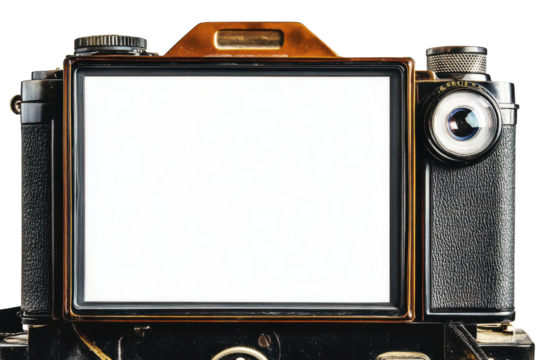 Vintage camera viewfinder with blank white screen isolated on transparent background. Classic polaroid camera isolated on white background.
