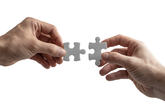 Hands connecting two white jigsaw puzzle pieces for a teamwork solution. Isolated on transparent background, png - Powered by Adobe
