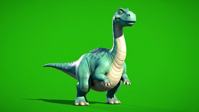 Cute Cartoon Sauropod Dinosaur Standing on Green Screen Background, 3D Rendered Character