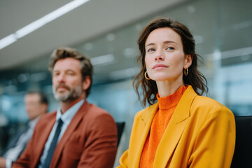 Businesswoman listening attentively during corporate meeting