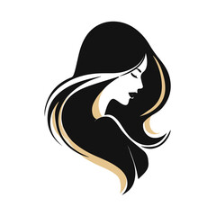 Elegant woman profile silhouette with flowing hair in black minimalist style for beauty salon or fashion brand logo design