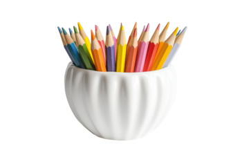 Colorful pencils in a white ceramic holder isolated on transparent background. Colorful close up of pencils in a white ceramic cup isolated on white background.