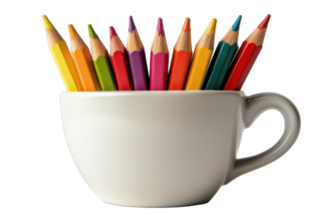 Colorful pencils in a white ceramic holder isolated on transparent background. Colorful close up of pencils in a white ceramic cup isolated on white background.