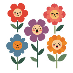 Playful Vector Illustration of Cute Cartoon Flowers with Expressive Faces and Emotions, Bright Geometric Petals in Contrasting Colors on White Background, Mid-Century Modern Children’s Retro Style