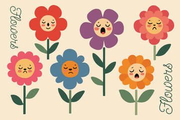 Playful Vector Illustration of Cute Cartoon Flowers with Expressive Faces and Emotions, Bright Geometric Petals in Contrasting Colors on White Background, Mid-Century Modern Children’s Retro Style