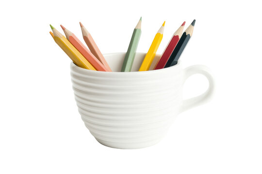 Colorful pencils in a white ceramic holder isolated on transparent background. Colorful close up of pencils in a white ceramic cup isolated on white background.