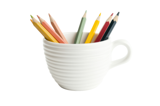 Colorful pencils in a white ceramic holder isolated on transparent background. Colorful close up of pencils in a white ceramic cup isolated on white background.