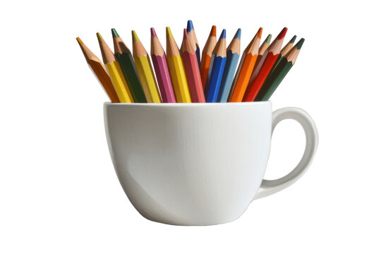 Colorful pencils in a white ceramic holder isolated on transparent background. Colorful close up of pencils in a white ceramic cup isolated on white background. - Powered by Adobe