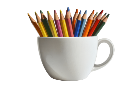 Colorful pencils in a white ceramic holder isolated on transparent background. Colorful close up of pencils in a white ceramic cup isolated on white background.
