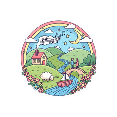 Fototapeta premium Colorful landscape with house, river, people, and musical notes 