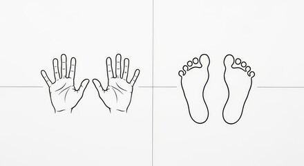 Handprint and Footprint Outline Set, Simple Black Line Art of Hands and Feet for Kids Learning or Craft Template