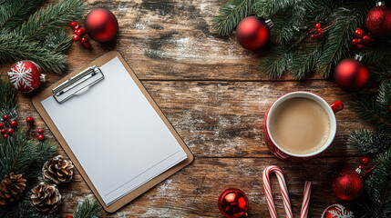 Christmas-themed flat lay on a wooden office desk, showcasing a clipboard with blank paper, coffee, candy canes, red ornaments, pine cones, and fir branches for festive planning