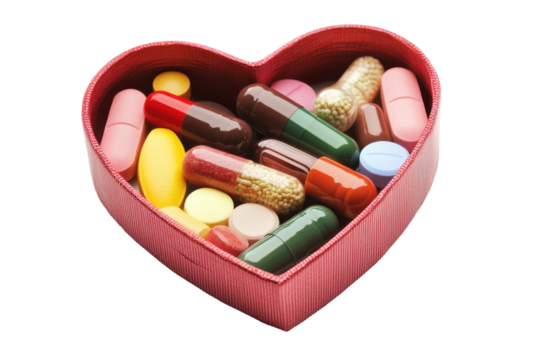 Heart shaped container filled with various pills and capsules isolated on transparent background. Colorful medical pills and capsules in heart shaped box isolated on white background.