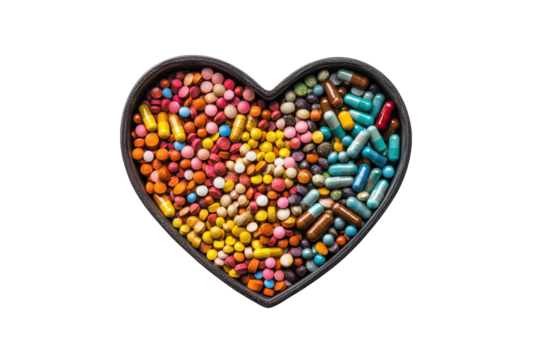Heart shaped container filled with various pills and capsules isolated on transparent background. Colorful medical pills and capsules in heart shaped box isolated on white background. - Powered by Adobe