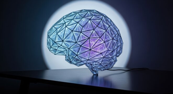 A glowing, geometric brain sculpture illuminated against a dark background, symbolizing intelligence, innovation, and artificial intelligence - Powered by Adobe