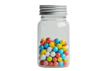 Clear glass vial filled with colorful candy isolated on transparent background. Colorful pills in a clear glass bottle isolated on white background.