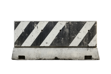 Concrete jersey barrier with black and white stripes isolated on transparent background. Concrete road barrier with black and white stripes isolated on a white background.