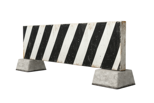 Concrete jersey barrier with black and white stripes isolated on transparent background. Concrete road barrier with black and white stripes isolated on a white background.