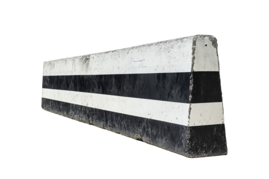 Concrete jersey barrier with black and white stripes isolated on transparent background. Concrete road barrier with black and white stripes isolated on a white background.
