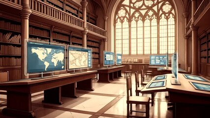Modern library interior with digital screens, wooden furniture, and large windows illuminating the space - Powered by Adobe