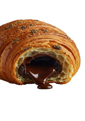 Golden-brown artisanal chocolate croissant with a precise bite mark, gooey molten dark chocolate ganache oozing, subtle steam rising, isolated on a transparent background with soft shadow. Decadent
