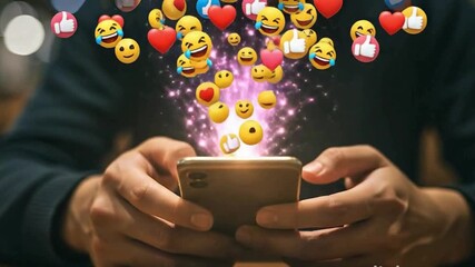 Person using a smartphone with floating emojis representing social media communication - Powered by Adobe