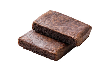 Chocolate brownies stacked isolated on transparent background. Rectangular bun made from dark rye flour Isolated on white background.