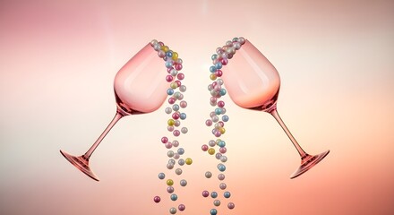 Pink wine glasses filled with candy pearls, floating aesthetic, isolated on warm tones.