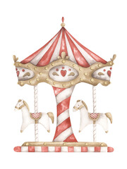 Amusement park. Watercolor hand-drawn illustration with red and white carousel. Cute theme park drawings for kids. For design baby shower, birthday and nursery. © Nellya Egorova