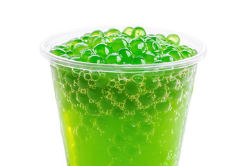 Green tapioca pearls in a clear cup isolated on transparent background. Delicious bubble with tapioca pearls served in clear cup isolated on white background.