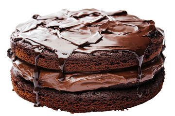 Decadent chocolate layer cake with chocolate shavings isolated on transparent background. Delicious chocolate mud cake isolated on white background.