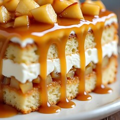 carrot-apple cake slice with multiple soft yellow sponge cake layers filled with smooth white cream