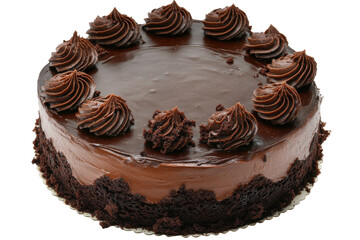 Decadent chocolate layer cake with chocolate shavings isolated on transparent background. Delicious chocolate mud cake isolated on white background.