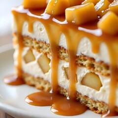 carrot-apple cake slice with multiple soft yellow sponge cake layers filled with smooth white cream