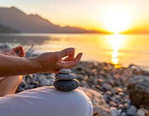 Hand in meditation pose near a stack of stones at sunset