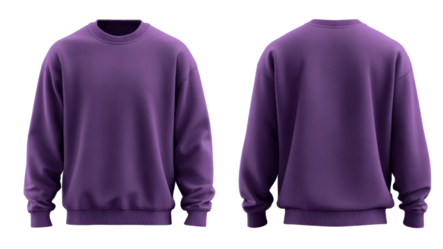 purple sweater mockup, front and back view on a transparent background, with no text or logo on the shirt