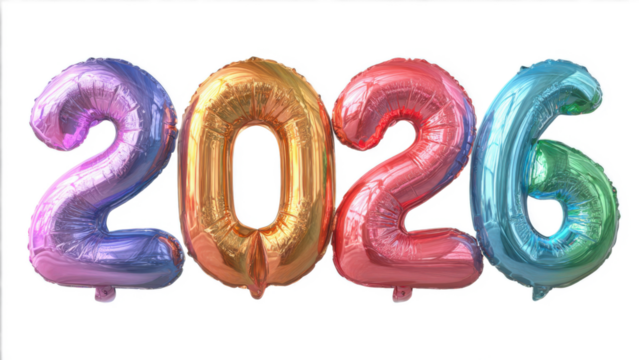 colorful new year 2026 number-shaped balloons on a transparent background, a new year concept. PNG file